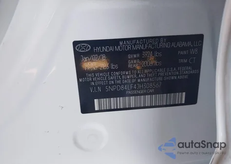 2018 Hyundai Elantra Sel z USA, uszkodzony, nr VIN 5NPD84LF4JH308567